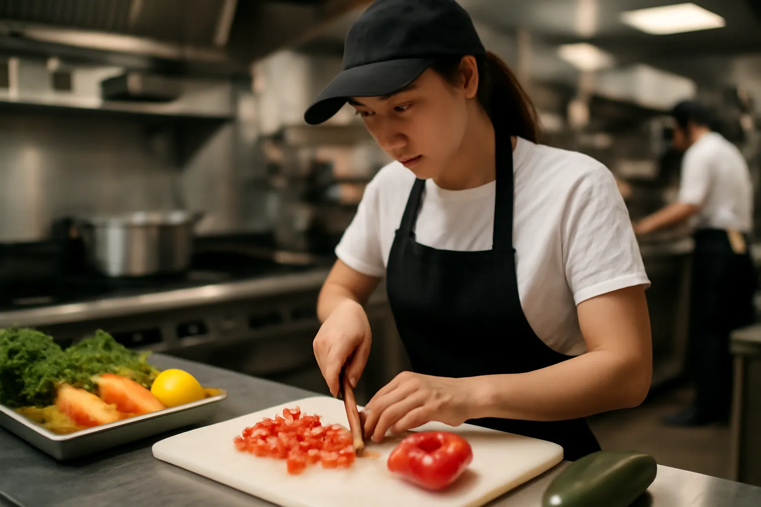 Phụ bếp đang sơ chế rau củ trong bếp nhà hàng